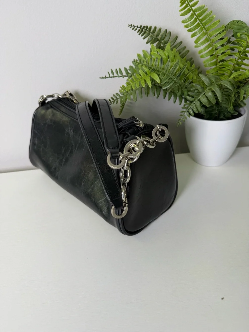 Black Faux Leather with Silver tone Chain-Accent Shoulder Bag